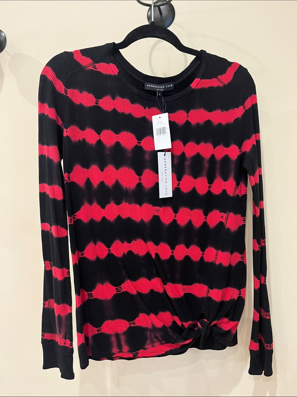 NWT Generation Love Black and Red Tie-Dye Long Sleeve Knot Front Top